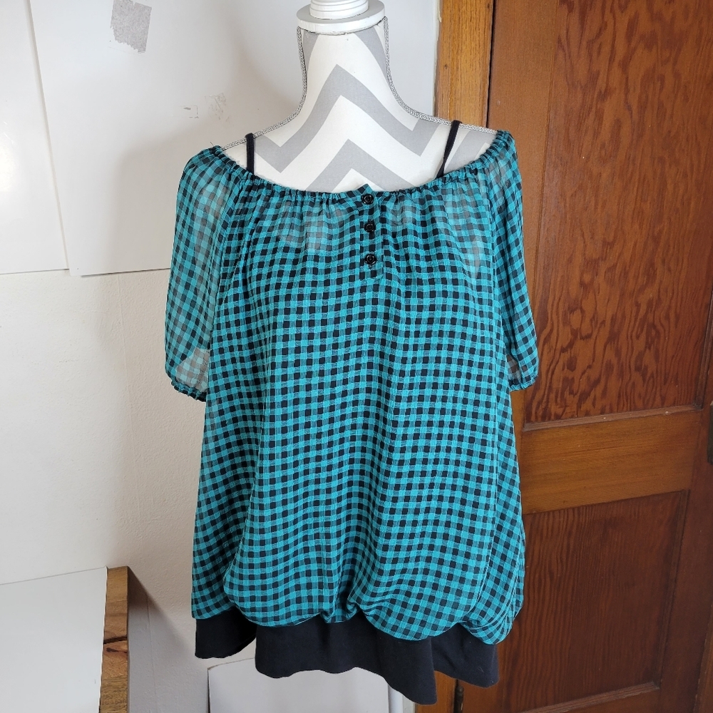 Womans Lane Bryant Teal/Black Check Top Attached Knit Cami/Bottom Band S 22/24
